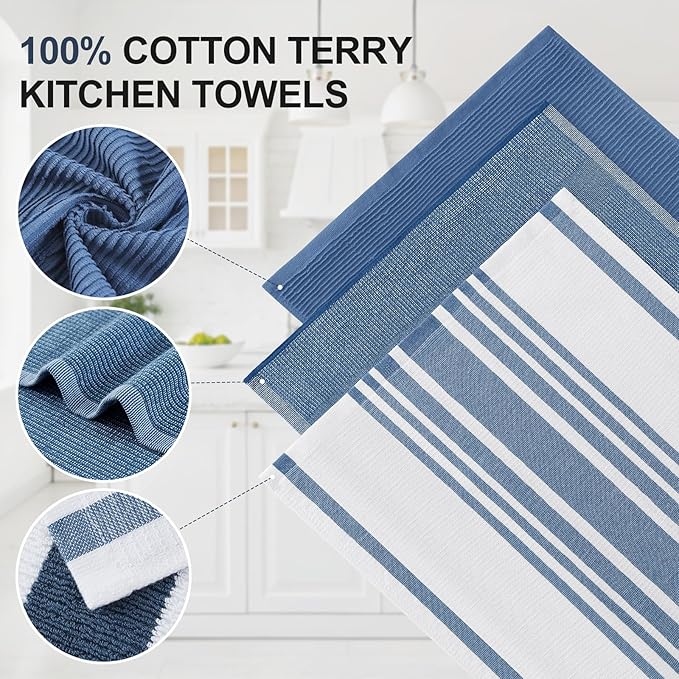 Homaxy Premium Kitchen Towels(18”x 28”, 3 Pack), Large Cotton 380 GSM Kitchen Hand Towels, Soft and Absorbent Terry Dish Towels, Multipurpose Tea Towel Set with Hanging Loop, Navy Blue
