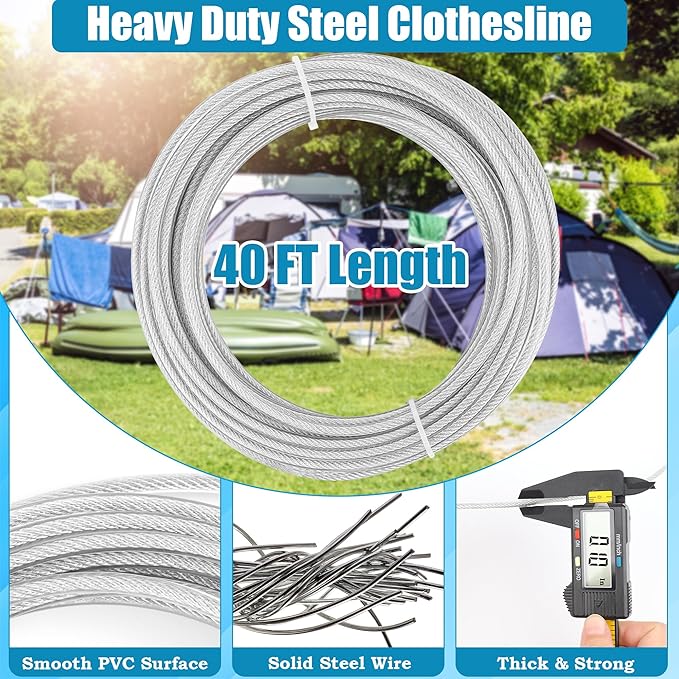 20FT/ 40FT Retractable Travel Clothesline, Adjustable Outdoor Clothesline Drying Clothes Line Laundry for Travel Camping, with Ratchet Pulley/ 2 Screws/ 2 Buckles (Black+Silver, 236, Inches)