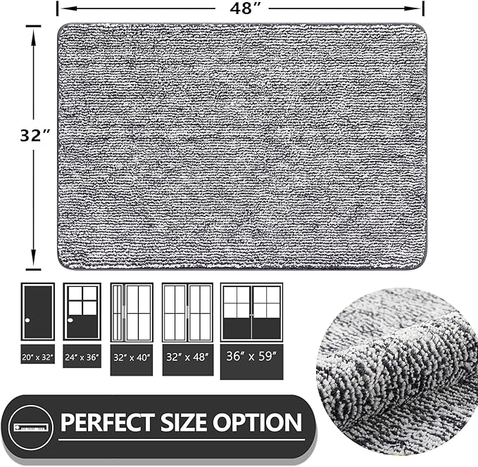 REFETONE Indoor Doormat, Front Door Mat 32"x48" Absorbent Rubber Backing Non Slip Back Door Mats, Washable Low-Profile Inside Floor Mat Door Rugs for Entryway, Resist Dirt Mud Mat for Dogs, Dark Grey