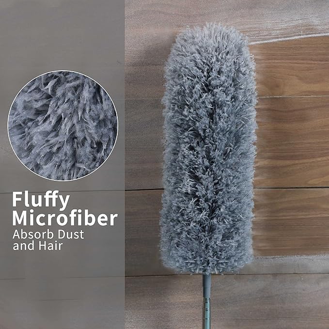 BOOMJOY Microfiber Feather Duster with 100 inches Extension Pole, Dusters for Cleaning High Ceiling, Fan, Blinds, Furniture, Dark Grey
