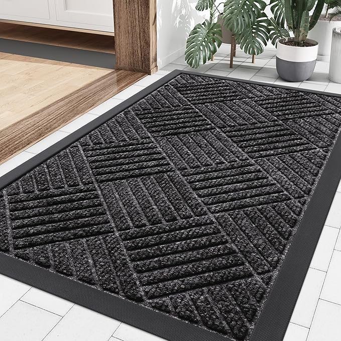 Smiry Front Door Mat Outside Entrance, Heavy Duty Outdoor Indoor Natural Rubber Doormat, Non Slip, Trap Dirt and Moisture, Easy Clean, Low Profile Patio Porch Entryway Mat, 29.5x17, Silver Grey