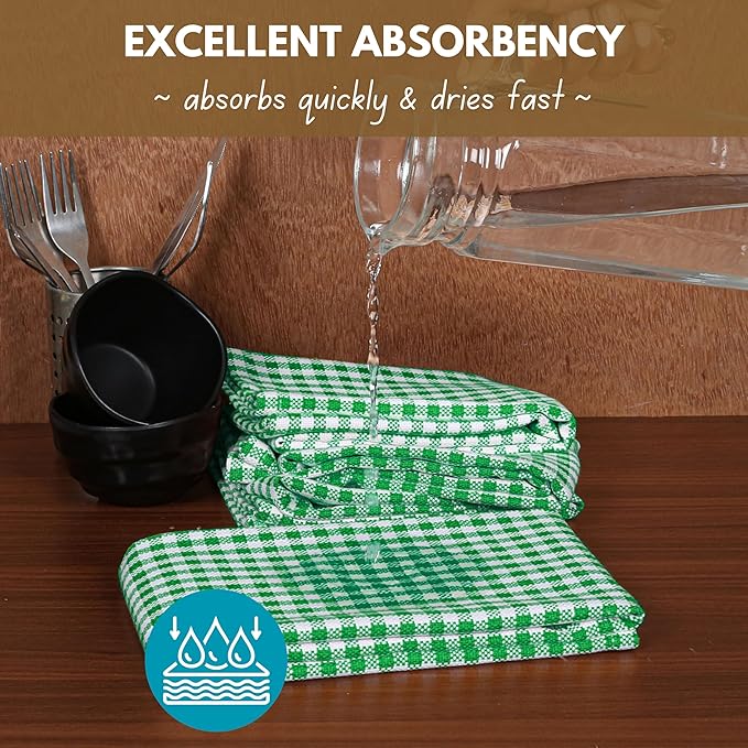 Native Fab Set of 12 Gingham Mini Check Kitchen Towels 16"x26" - Cotton Dish Towels - Soft Absorbent Hand Towels with Hanging Loop, Washcloths for Quick Drying, Cleaning - Green White