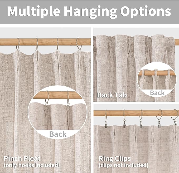 YoungsTex Pinch Pleated Linen Curtains 102 Inch Length 2 Panels Light Filtering Textured Window Drapes for Living Room Bedroom Sliding Door Back Tab, 40 X 102 Inch