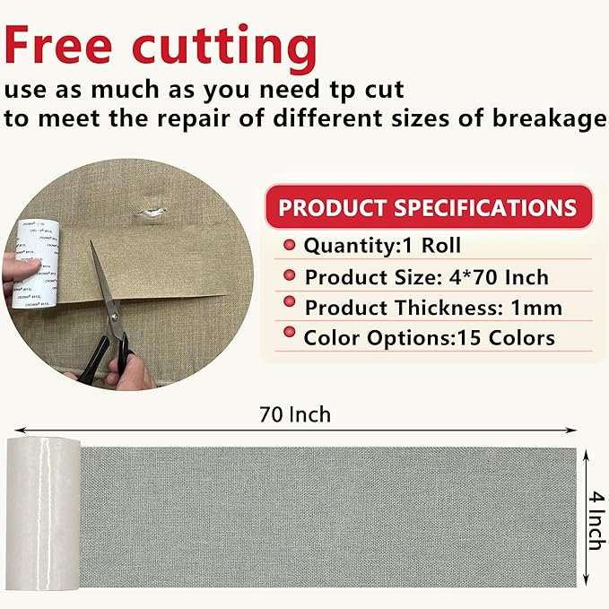 Linen Repair Tape 4x70 Inch Self-Adhesive Couch Patch Repair Fabric Patch for Furniture,Sofas,Cushion,Chairs,Bags,Linen Goods(Light Grey)