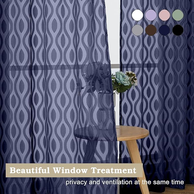 Aiyufeng Blue Sheer Curtains 54 Inch Length 2 Panels, Soft Lightweight Clip Jacquard Textured Sheer Curtain Panels, Modern Wavy Line Voile Sheer Curtains for Bedroom Living Room, 40" Wx54 L Inches
