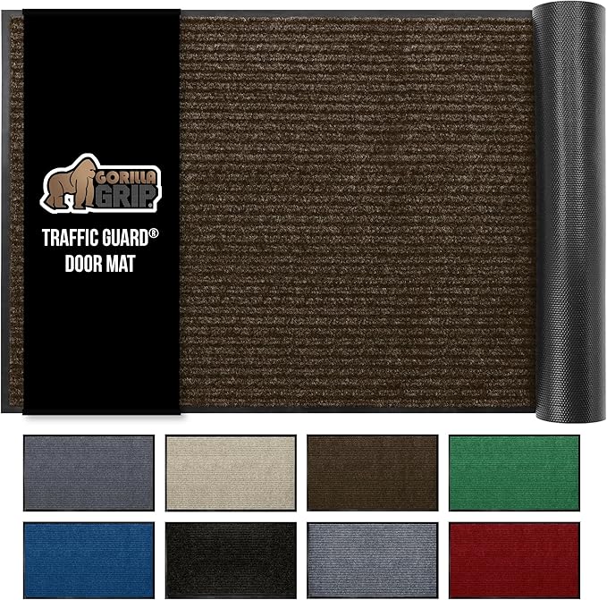 GORILLA GRIP Traffic Guard Door Mat, 59x24, Heavy Duty Welcome Mats, Commercial Office Space Doormat, Waterproof, Fade Resistant, Strong Rubber Backing, Low Profile, Shoe and Boot Scraper, Brown