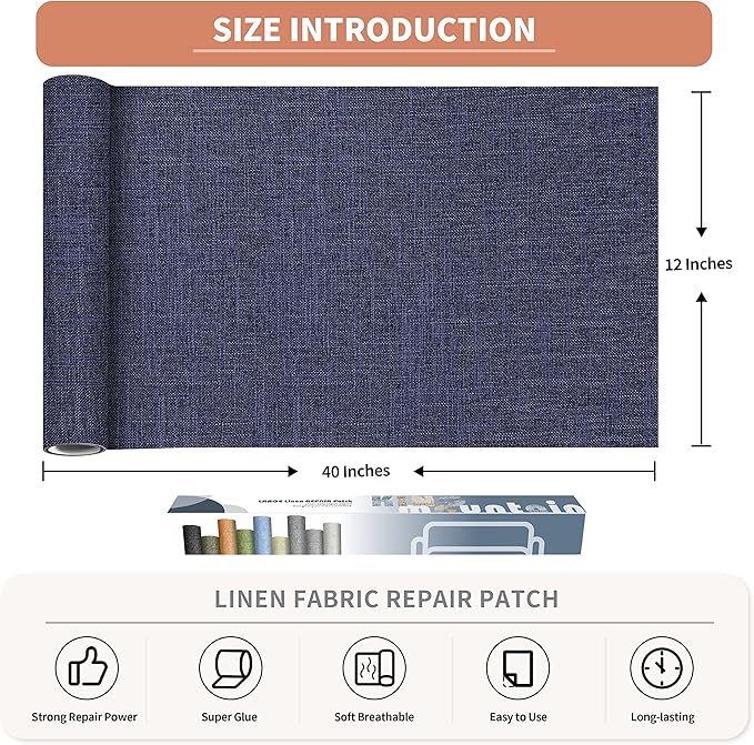 KING MOUNTAIN Fine Linen Repair Patches, 12" x 40" Dark Blue, 1.0, Self-Adhesive, Polyester, Rectangular, 1 Pack
