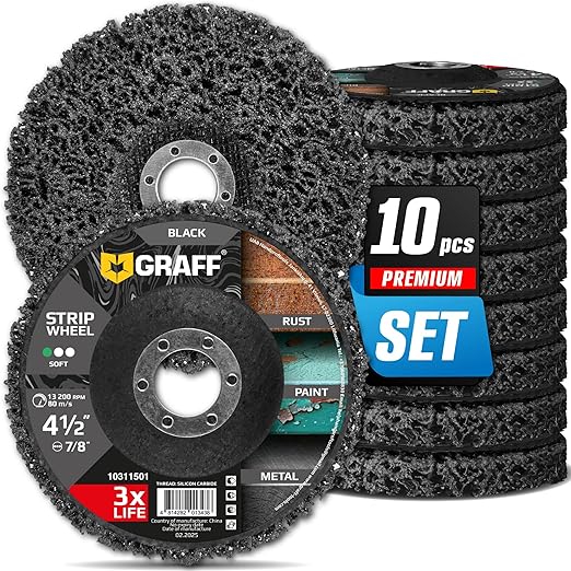 4.5 Inch Paint Stripping Disc - Rust Remover Wheel, Abrasive Discs Rust, Oxidation, Paint Remover Stripper Discs - Soft Strip Discs 4 1/2 for Angle Grinder GRAFF 10 Packs (7/8" Arbor)
