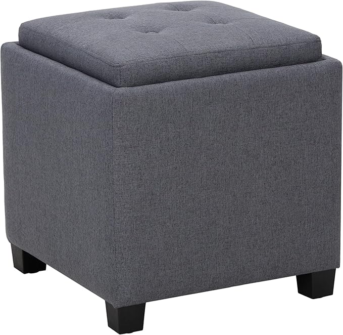 COLAMY Fabric Square Storage Ottoman with Reversible Tray Lid – Multi-Functional Footrest, Hidden Storage, Sturdy & Stylish Small Coffee Table for Living Room, Bedroom, or Entryway(Grey)
