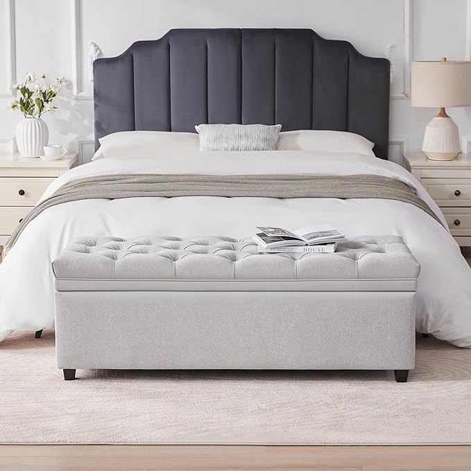 50" Storage Ottoman Bench, Tufted Ottoman with Storage for Living Room, Large End of Bed Ottomans, Modern Entryway Benchs, Window & Bedroom Benches for Foot of Bed (LightGray)