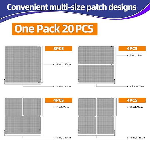 KING MOUNTAIN 20 Sheets Black Window Screen Repair Patches,4×4 in Window Screen Repair Kit for Window Screen and Screen Door Tears Holes, Strong Adhesive Screen Tape Mesh Repair,Quick & Waterproof