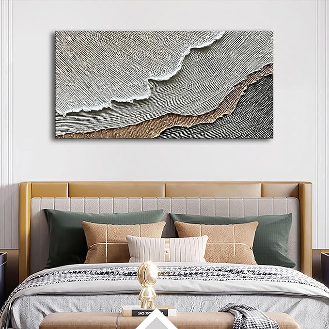 NANKAI Thick Texture Abstract Oil Painting Hand-Painted Beach Wave Landscape Oil Painting Family Wall Decorative Art 24x48 Inch