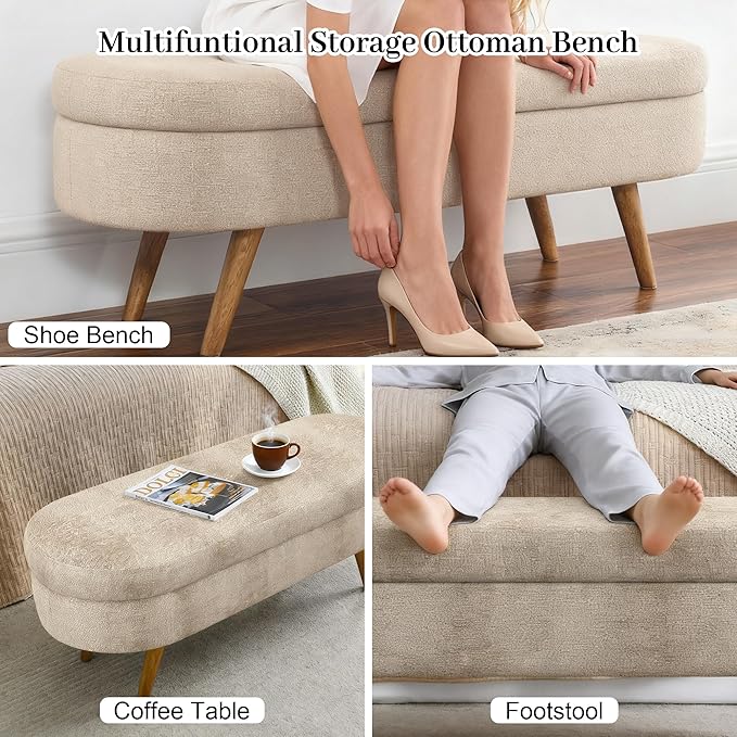 Storage Bench, 43" Storage Ottoman Bench, Shoe Storages Benches for Bedroom, Upholstered Entryway Benches with Seating, Rubber Wood Legs for Bedroom, Living Room, Entryway, Bed Side, Brown