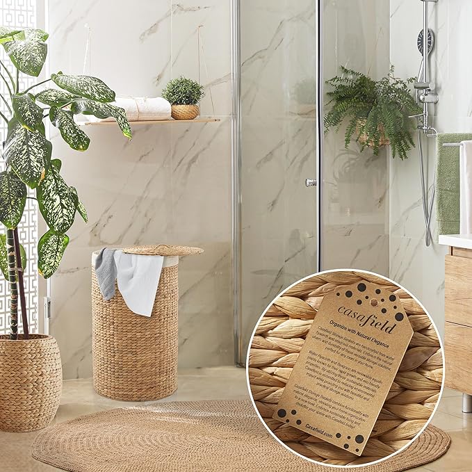 Casafield Round Laundry Hamper with Lid and Removable Liner Bag - Natural, Woven Water Hyacinth Wicker Laundry Basket for Clothes and Towels