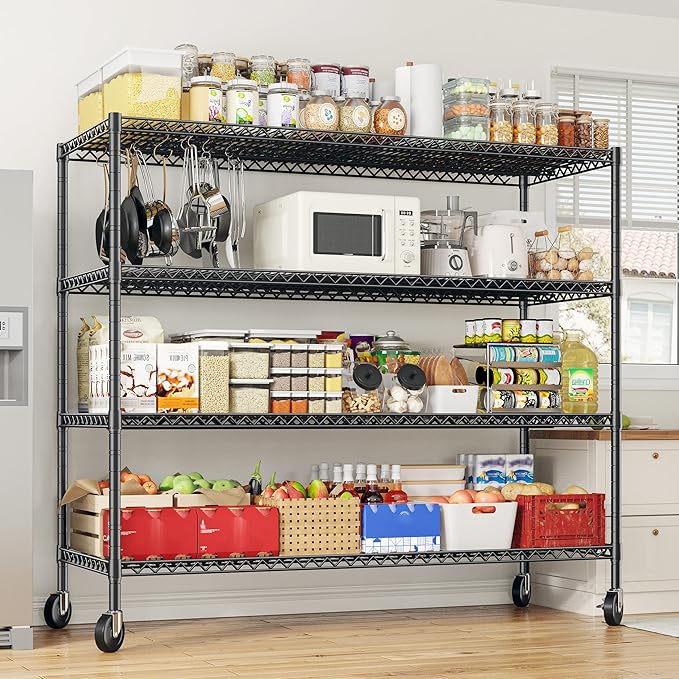 REIBII 75.6" H Storage Shelves 2500LBS Wire Shelving Unit with Wheels Garage Shelving Heavy Duty Metal Shelves for Storage Rack Adjustable Pantry Shelf Commercial Shelving, 75.6" H X 55.5''W X 24" D