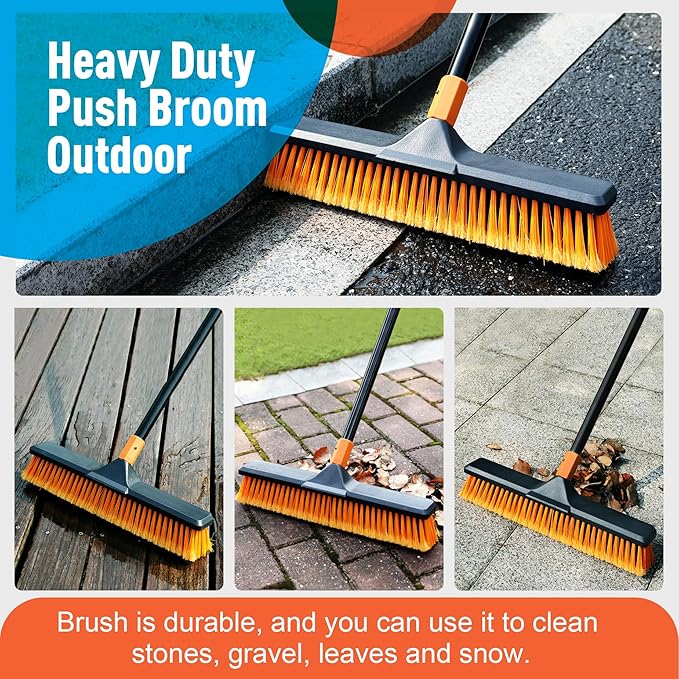 18" Push Broom Outdoor for Floor Cleaning with Extendable Long Handle, Stiff Bristle Heavy Duty Broom for Bathroom, Kitchen, Tub, Tile, Patio, Deck, Concrete, Industrial