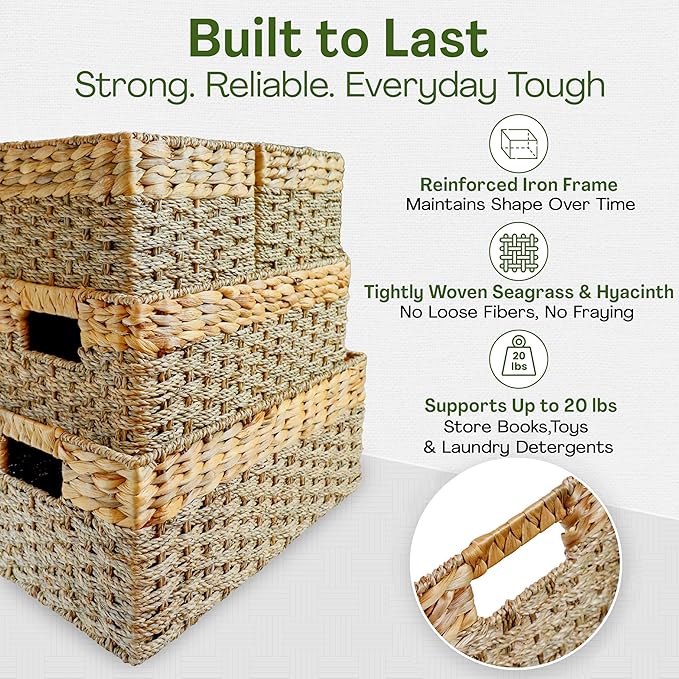 Seagrass and Hyacinth Nesting Wicker Basket, Multi-Size, 4 pack, Natural Woven Storage Baskets for Organizing Living Room, Shelves, Pantry