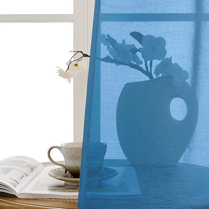 Tollpiz Sheer Curtains Closet Linen Textured Curtain Sheers Doorway Light Filtering Voile French Door Rod Pocket Curtains Patio Glass Door, 54 x 63 inches Long, Classic Blue, Set of 1 Panel