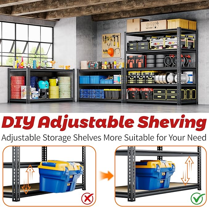 72"H Storage Shelves heavy duty, 2200LBS Garage Shelving, 5 Tier Metal Shelving Unit Adjustable Garage Shelves Utility Rack Shelf for Storage Warehouse Pantry Closet,40" W × 20" D × 72" H, Black, 2PCS