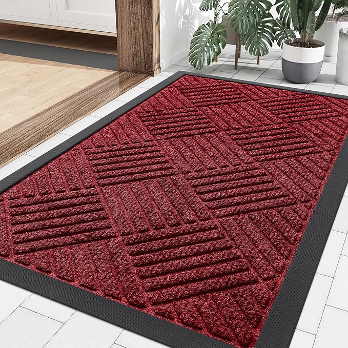 Smiry Front Door Mat Outside Entrance, Heavy Duty Outdoor Indoor Natural Rubber Doormat, Non Slip, Trap Dirt and Moisture, Easy Clean, Low Profile Patio Porch Entryway Mat, 29.5x17, Wine Red