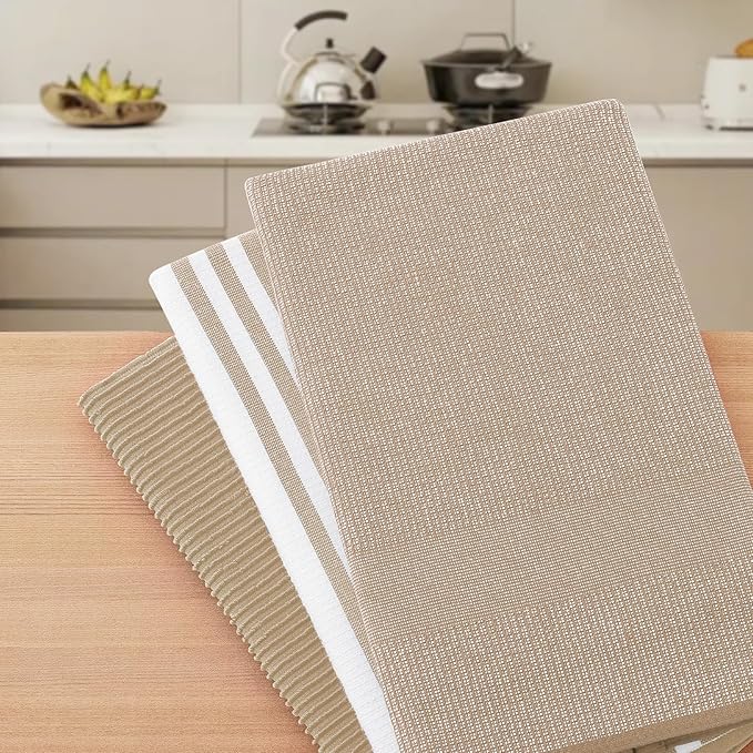 Homaxy Premium Kitchen Towels(18”x 28”, 6 Pack), Large Cotton 380 GSM Kitchen Hand Towels, Soft and Absorbent Terry Dish Towels, Multipurpose Tea Towel Set with Hanging Loop, Khaki
