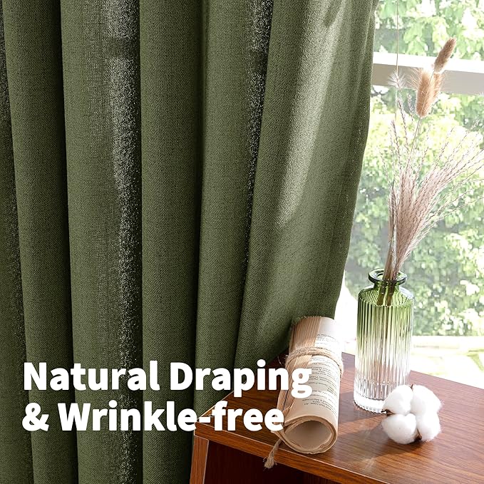 YoungsTex Olive Green Linen Curtains 48 Inch Length for Kitchen, Semi Sheer Small Window Drapes with Rod Pocket Back Tab Light Filtering for Short Living Room Bedroom, 2 Panels, 42 X 48 Inch