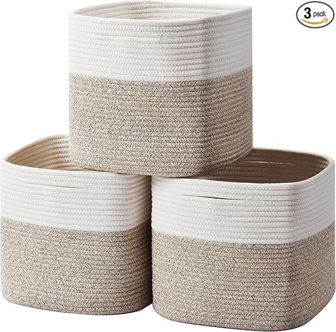 3 Pack Storage Cubes 11 Inch Cotton Rope Woven Baskets for Organizing Cube Bin Square Shelves Organizer,Classroom,Kids Toy Bins,Closet,Baby Nursery(Brown)