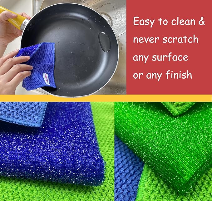 24 Pack Microfiber Scrub Dish Cleaning Cloth, Non-Scratch, Reusable & Durable for Dish Pan Pot Cooktop Stovetop Counter Kitchen, Machine Washable, 5.5 x 5.5 Inch, Blue & Green Color Assorted