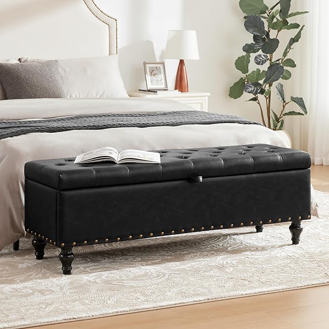 51.8’’ Storage Ottoman Bench, Faux Leather Ottoman with Storages, Window Benches Holds up to 330lbs, Upholstered Storage Bench for Bedroom, Living Room, Entryway and Family Room, Black