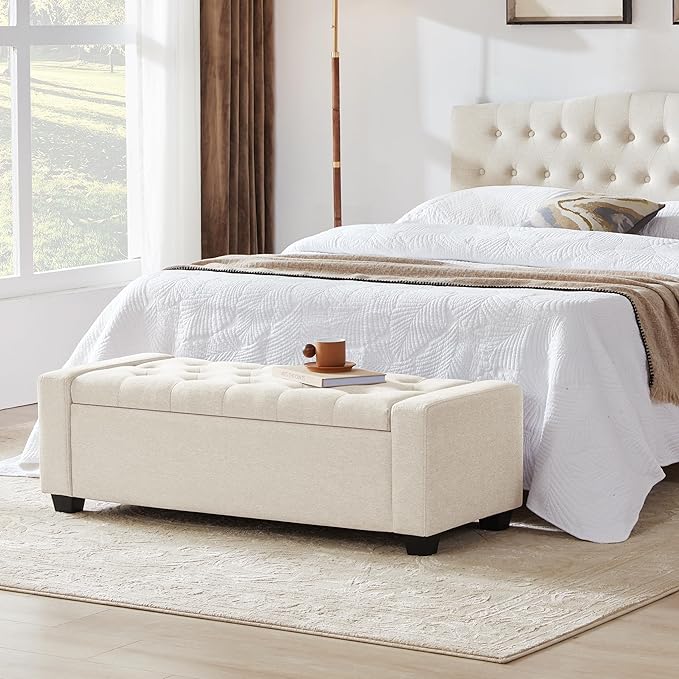 48" Ottoman with Storage, Large Storage Ottoman Bench for Bedroom with Safety Hinge, Upholstered Tufted Window Benches, End of Bed Bench for Living Room, Entryway Bench with Seating, Beige