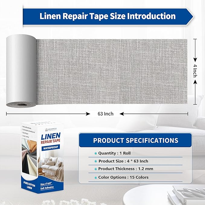 KING MOUNTAIN Linen Repair Patches, Self-Adhesive Fabric Patches, 4 X 63 inch Extra Size, Multi Color, Can be Used for Sofa Repair and Linen Clothes Repair (Light Grey 2.0)
