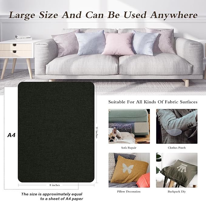 KING MOUNTAIN Fine Linen Repair Patches, Self-Adhesive Fabric, 8X11 Inch 2 PCS, Multi Color, for Sofa and Clothes (Charcoal Black)