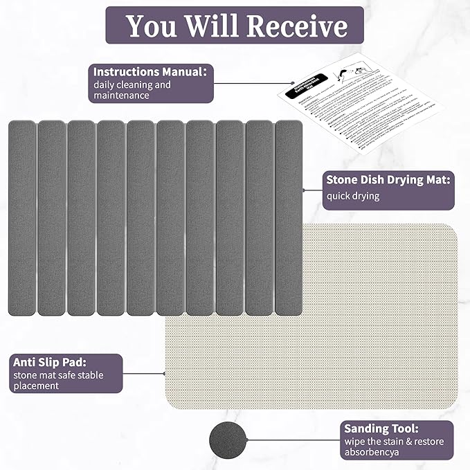 Large Stone Dish Drying Mats for Kitchen Counter – Foldable Quick Dry Stone Mat with Non-Slip Pad & Sandpaper, Super Absorbent Diatomaceous Earth Mat for Dishes and Cups(Dark Gray 23.5"x15.5")