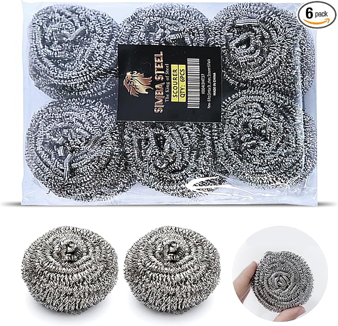 6 Pcs Simba Stainless Steel Wool Scrubber Pads for Cleaning Pans, Pots, Dishes, Ovens, Grills, Sinks, Bathroom and Kitchen, Scourer 6 Pack