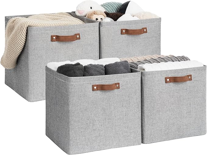 StorageWorks 13x13 Inches Storage Cube, Fabric Storage Bins with PU Handles, Collapsible Organizer Baskets for Closet, Gray, 4-Pack