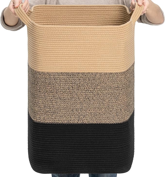 CLHMILY&Z 95L Laundry Basket Rectangular Black Jute Rope - 16x15x24 Inches - Dirty Clothes and Soft Storage Bin for Blankets, Toys, and Nursery Essentials