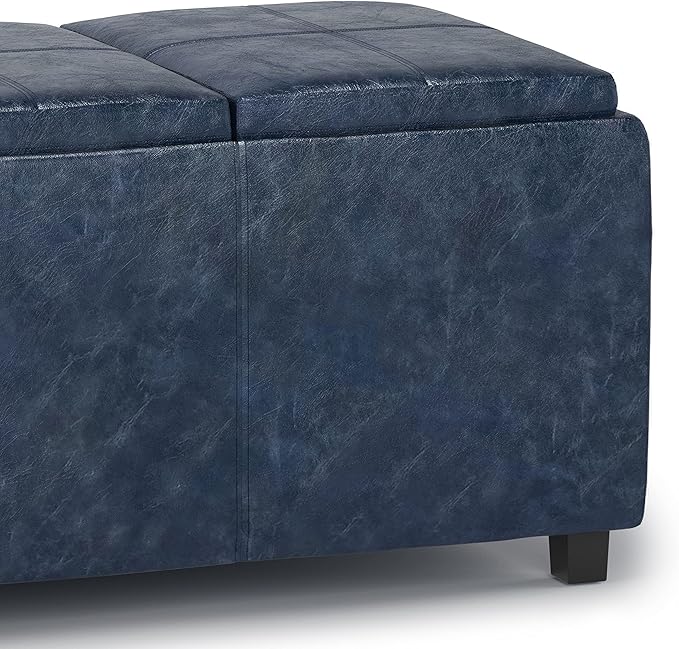 SIMPLIHOME Avalon 42 inch Wide Contemporary Rectangle Storage Ottoman in Denim Blue Vegan Faux Leather, Assembled, for the Living Room, Entryway and Family Room