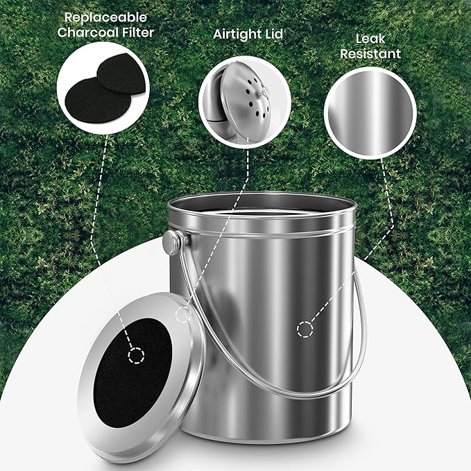Utopia Kitchen Compost Bin for Kitchen Countertop, 1 Gallon Compost Bucket for Kitchen with Lid, Includes 1 Spare Charcoal Filter (Silver)