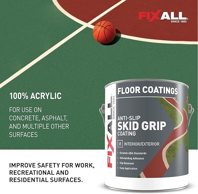FIXALL Skid Grip Anti-Slip Coating, 1 Gallon, Emerald, Exceeds ADA Standards, Ideal for Safety Areas, Slip-Resistant Pavement, Cement & Concrete Paint