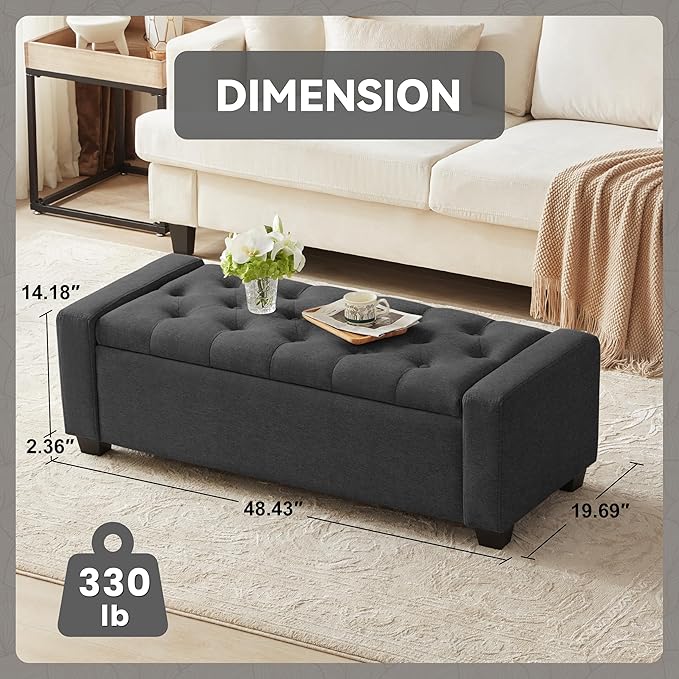 48" Ottoman with Storage, Soft Storage Ottoman Bench for Bedroom, Tufted Upholstered Window Benches, End of Bed Bench for Living Room, Entryway Bench with Seating, Foot Rest, Darkgrey