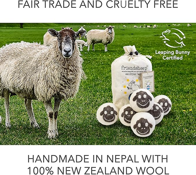 Wool Dryer Balls by Friendsheep 6 Pack XL Organic Premium Reusable Cruelty Free Handmade Fair Trade No Lint Fabric Softener Brown Sheep "Flock of Friends"