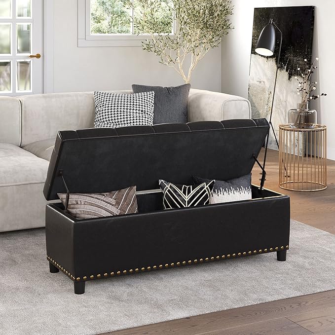 BELLEZE 47" Storage Ottoman, Storage Bench with Safety Close Hinge, Faux Leather Button-Tufted Ottoman for Living Room, Entryway, Hallway, Foot Rest, Support 300lbs - Dark Brown