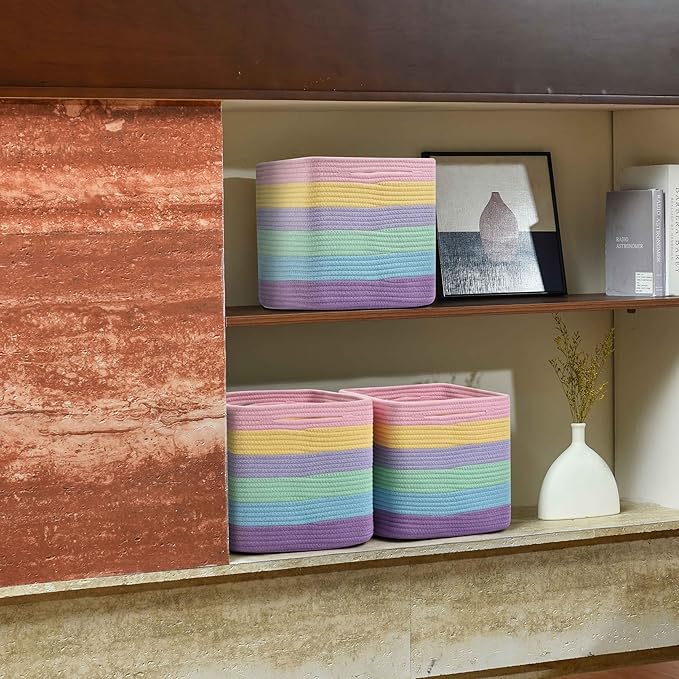 3 Pack Storage Cubes 11 Inch Cotton Rope Woven Baskets for Organizing Cube Bin Square Shelves Organizer,Classroom,Kids Toy Bins,Closet,Baby Nursery(Light Rainbow)