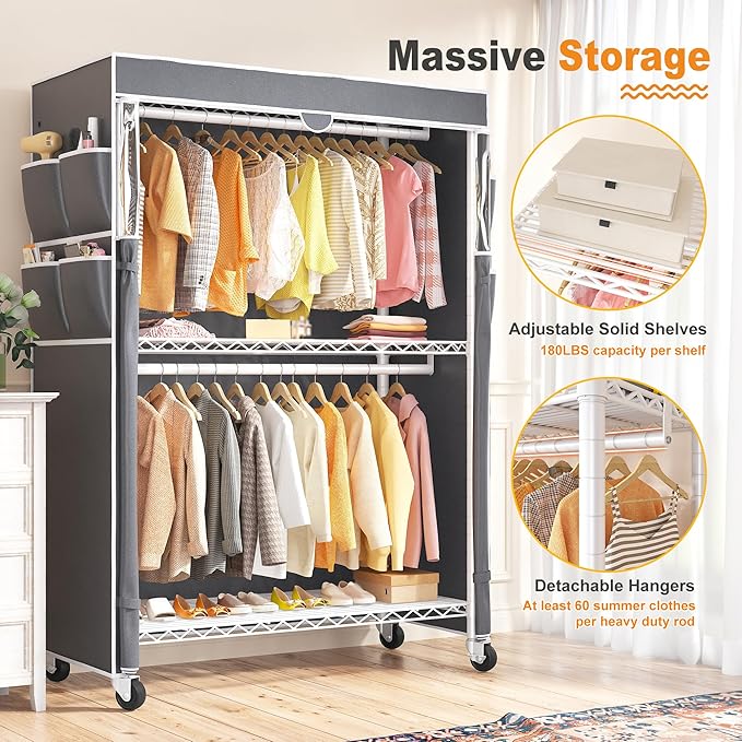 Raybee Heavy Duty Clothes Rack with Cover, 81" H Clothing Racks for Hanging Clothes, Portable with Wheels and Adjustable Feet, Max Load 440LBS, White
