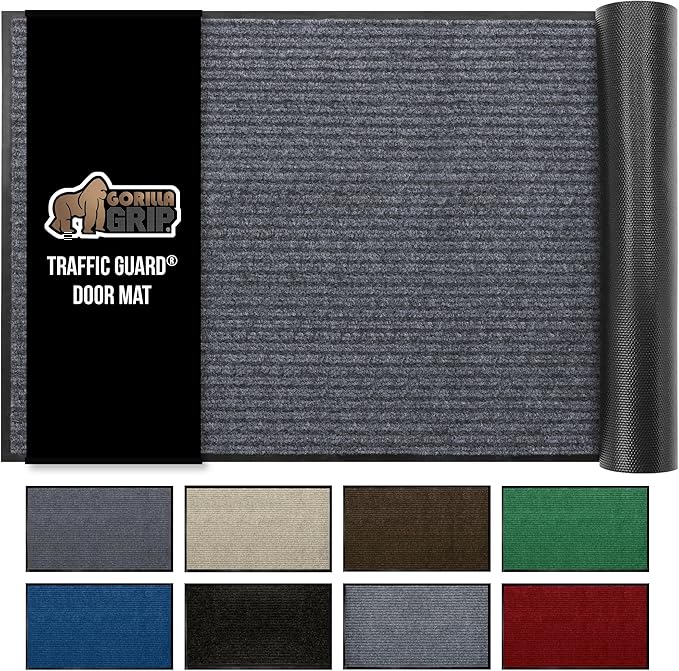 GORILLA GRIP Traffic Guard Door Mat, 47x35, Heavy Duty Welcome Mats, Commercial Office Space Doormat, Waterproof, Fade Resistant, Strong Rubber Backing, Low Profile, Shoe and Boot Scraper, Gray