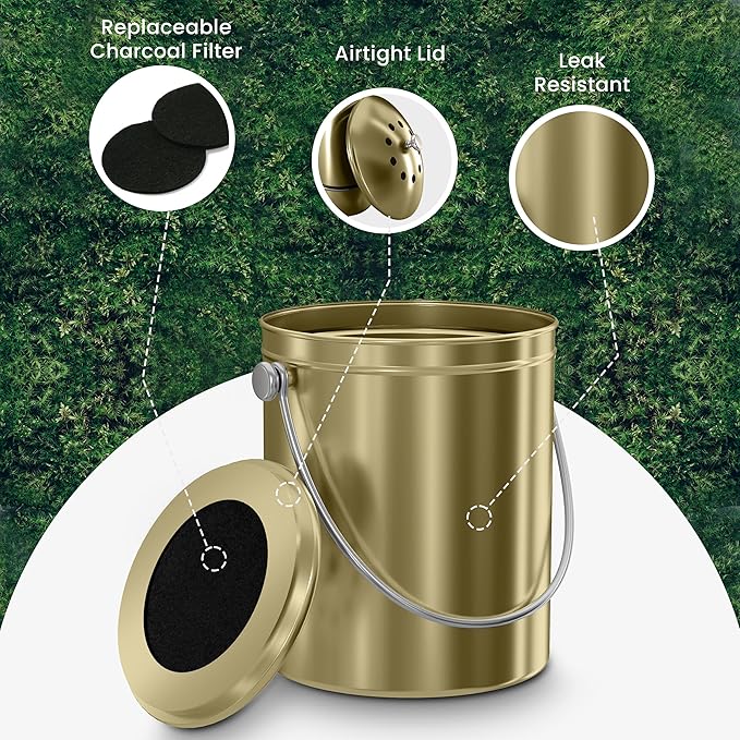 Utopia Kitchen Compost Bin for Kitchen Countertop - 1.3 Gallon Compost Bucket for Kitchen with Lid - Includes 1 Spare Charcoal Filter (Gold)