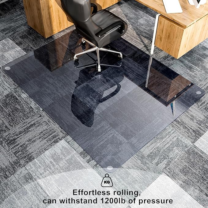 GLSLAND 46" × 55" [Tempered Glass] Chair Mat – Durable Office Chair Mat on Carpet with 0.2" Thickness, 4 Non‑Slip Pads, Sleek & Sturdy Matte Gray Finish, Smooth Glide & Easy Clean, Blue & Grey