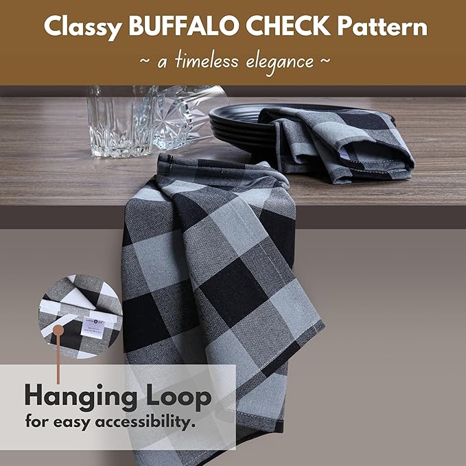 Native Fab 6 Pack Buffalo Check Kitchen Dish Towels, Cotton, Durable, Washable 16"x26" - Tea Towel, Soft Absorbent Cleaning Towels, Hand Towel with Hanging Loop - Black, Grey