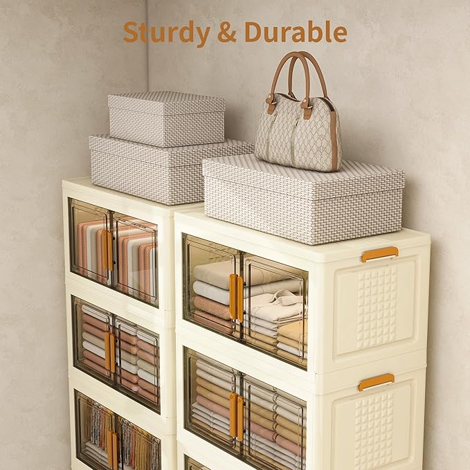 Plastic Stackable Storage Bins with Lids and Wheels, Foldable Closet Organizers and Storage Containers for Bathroom, Collapsible Clear Drawer Storage Cabinet with Doors White 45Gal 4Tiers