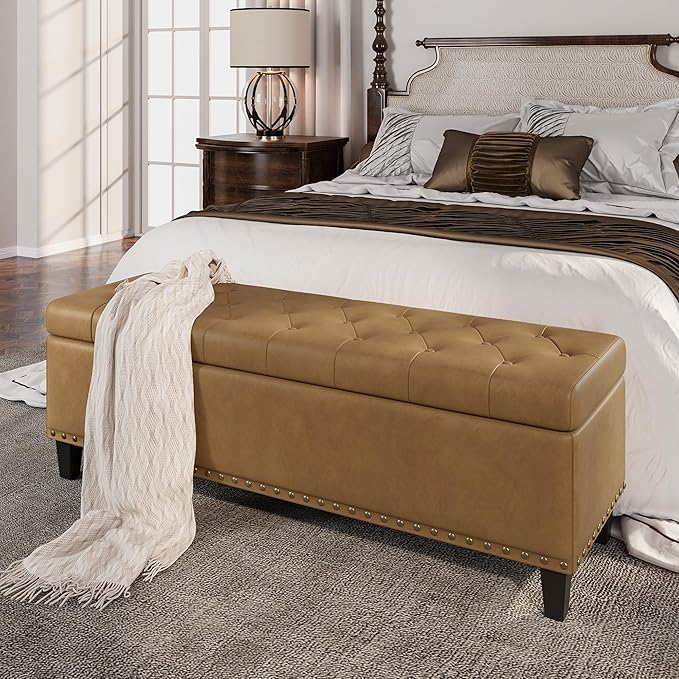 Storage Ottoman Bench, 51-Inch Large Storage Bench for Bedroom End of Bed, 30 Gallons Faux Leather Ottoman for Bedroom, Living Room, Entryway, Hallway, Camel